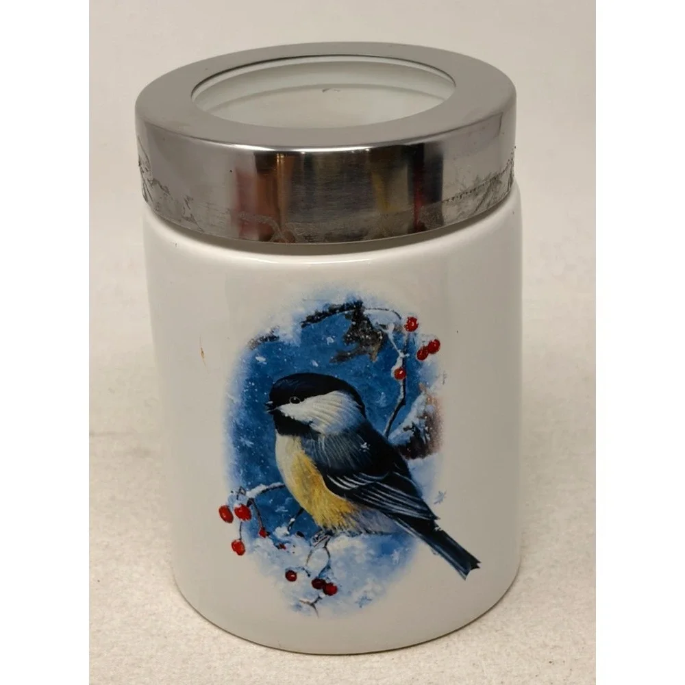 Ellien's Chickadee Bird Ceramic Handled Canister Mug Chrome Lid Winter Berries